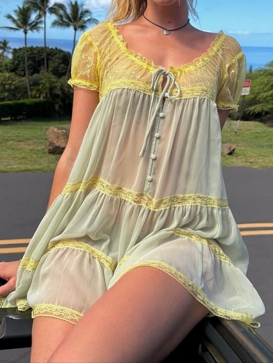 Anthropologie Pants - NWT Anthropologie LyreBird Sheer Lace Trim Babydoll Romper Coverup Size M